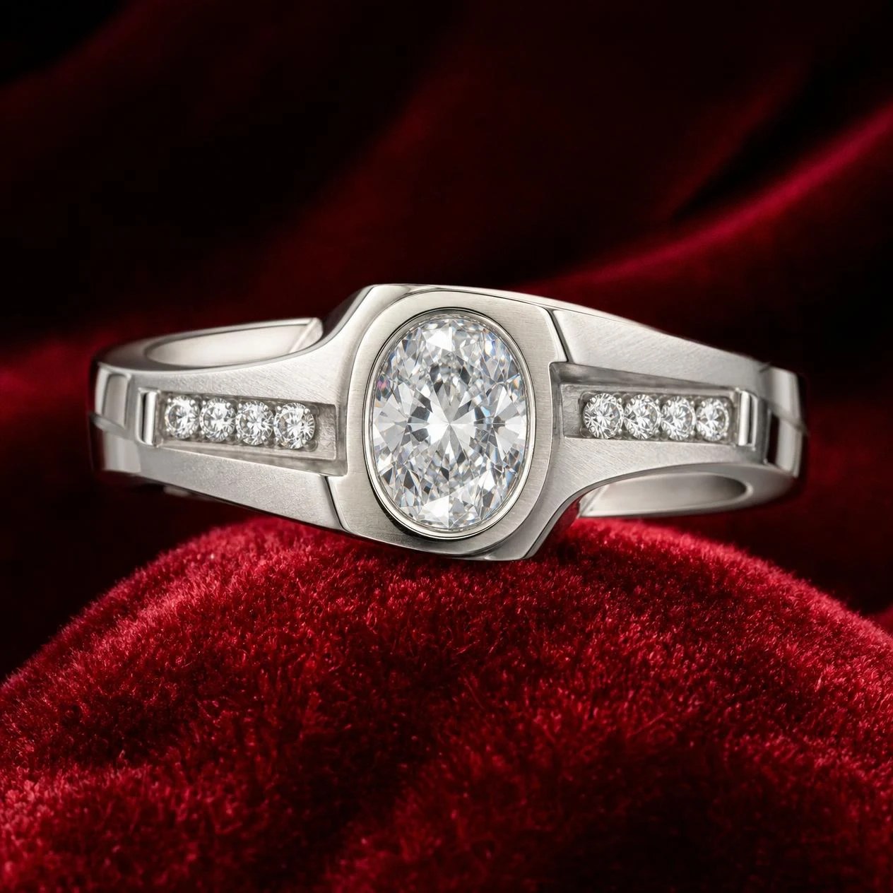 Bronzo di Mezzanotte, 2.4 ct tw oval lab grown diamond men’s ring in 18K white gold (front view)