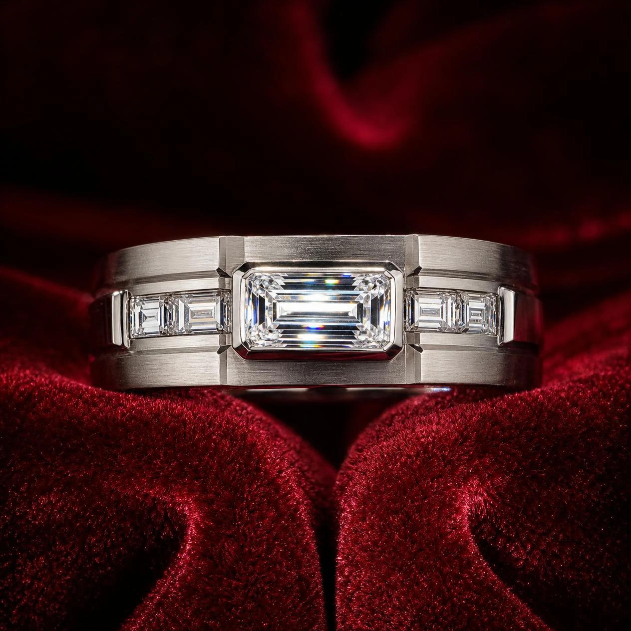 Maestro Fiero, 2.28 ct tw baguette lab grown diamond men’s ring in 18K white gold (front view)