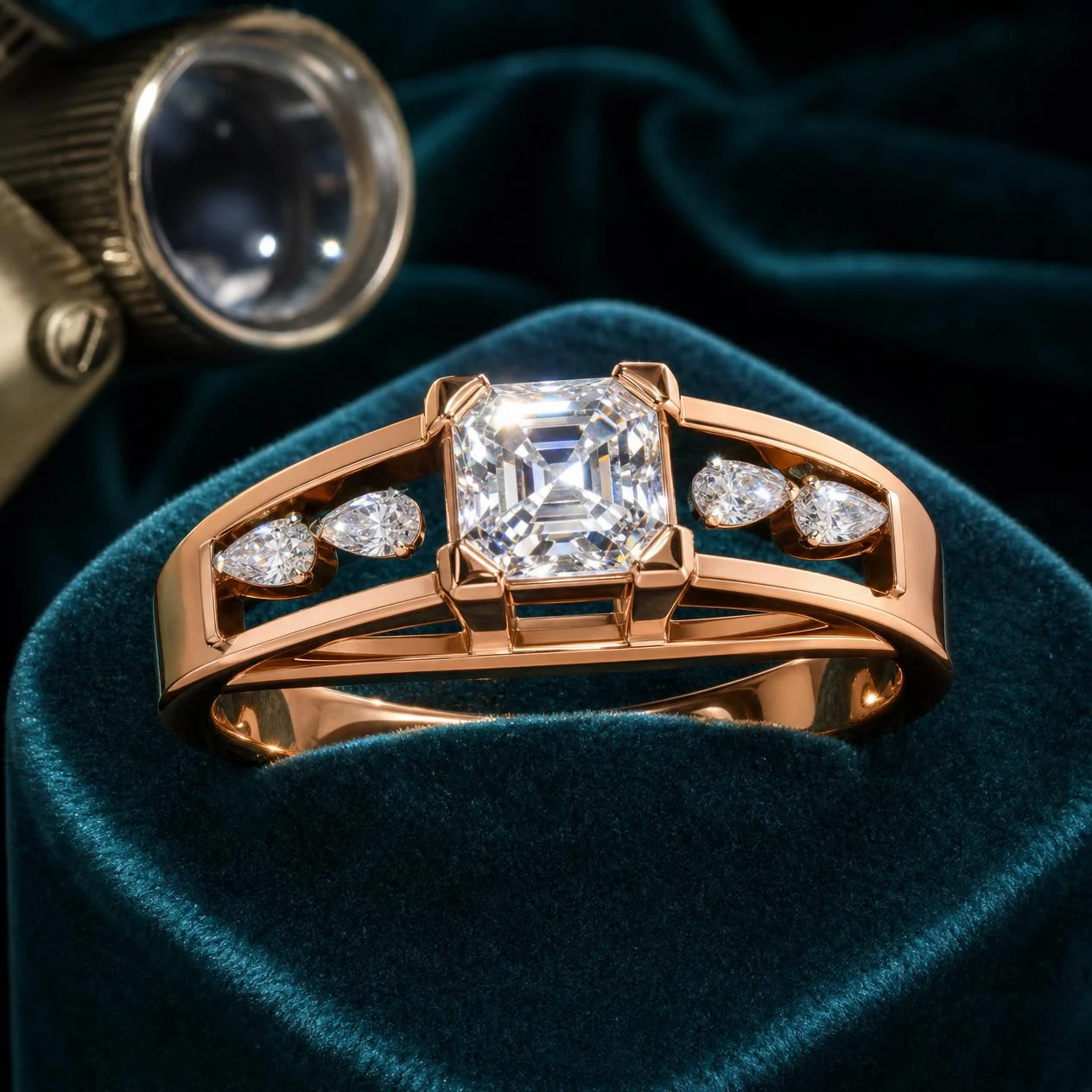 Quercia di Firenze, 1.56 ct tw asscher lab grown diamond men’s ring in rose gold (front view)