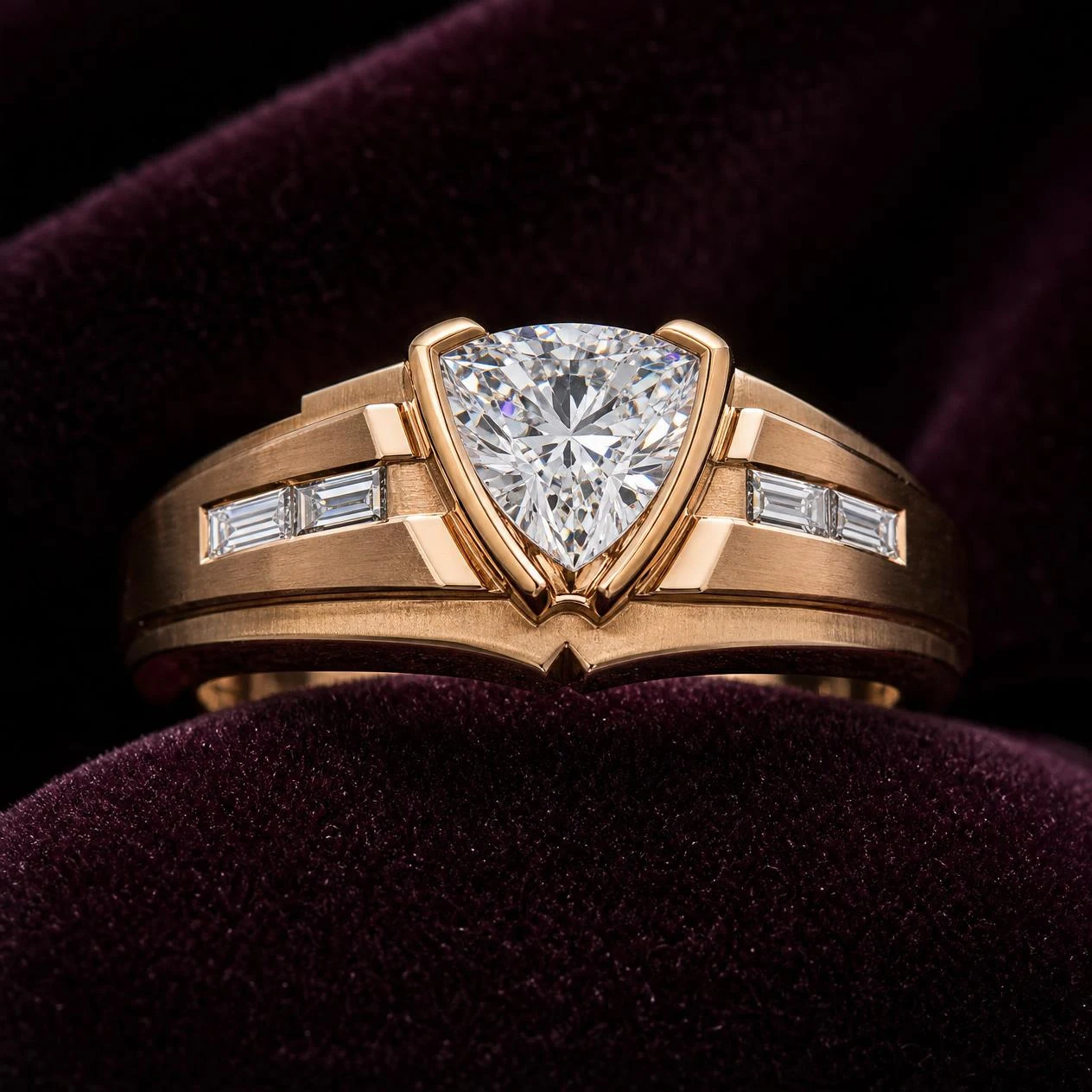 Nord Silenzioso, 1.82 ct tw trillion lab grown diamond men’s ring in rose gold (front view)