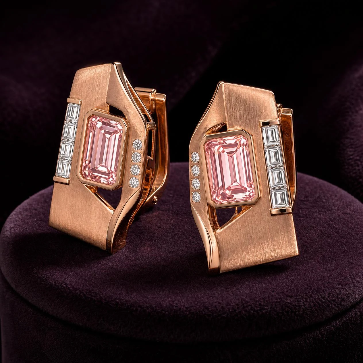 Pellegrino Fiero, 3.14 ct tw emerald lab grown diamond men’s earrings in rose gold (front view)