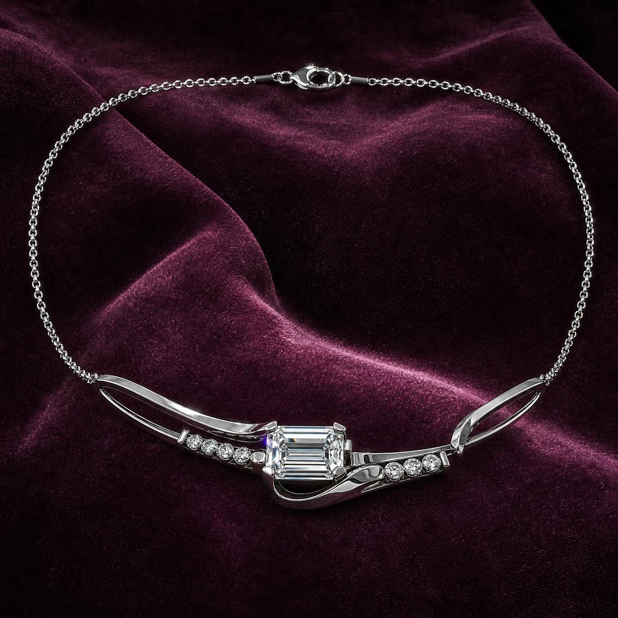 Rugiada del Mare, 2.02 ct tw emerald lab grown diamond necklace in 18K white gold (front view)