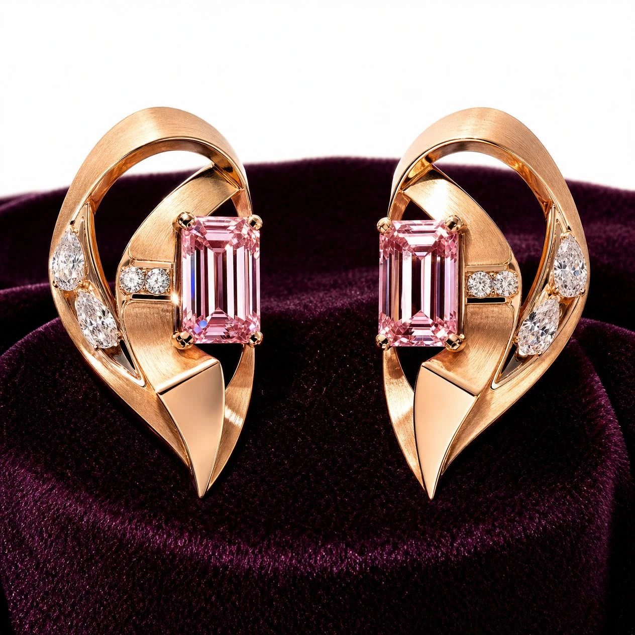 Iris Secrète, 5.64 ct tw emerald lab grown diamond earrings in rose gold (front view)