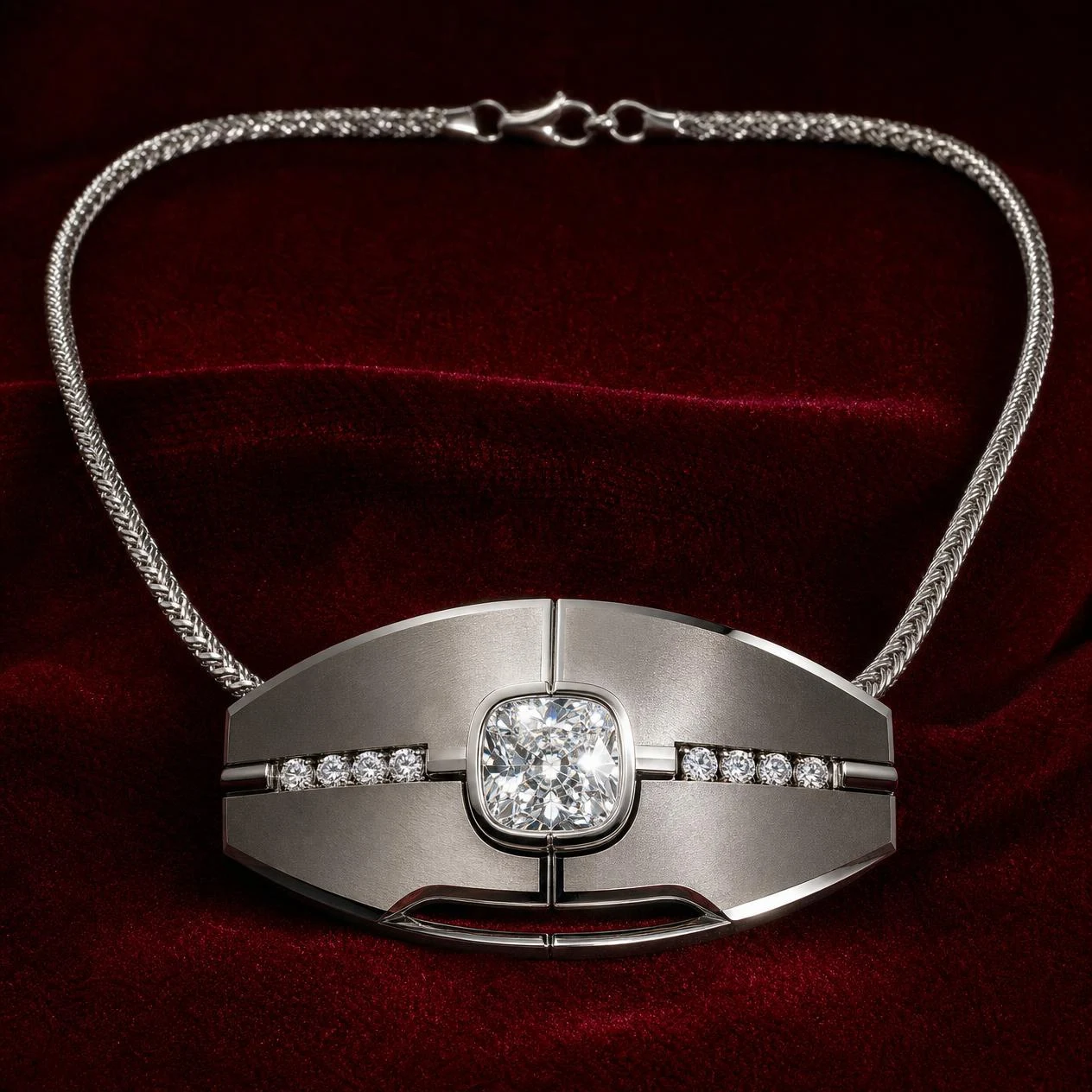 Scudo d'Ebano, 1.86 ct tw cushion lab grown diamond men’s necklace in 18K white gold (front view)