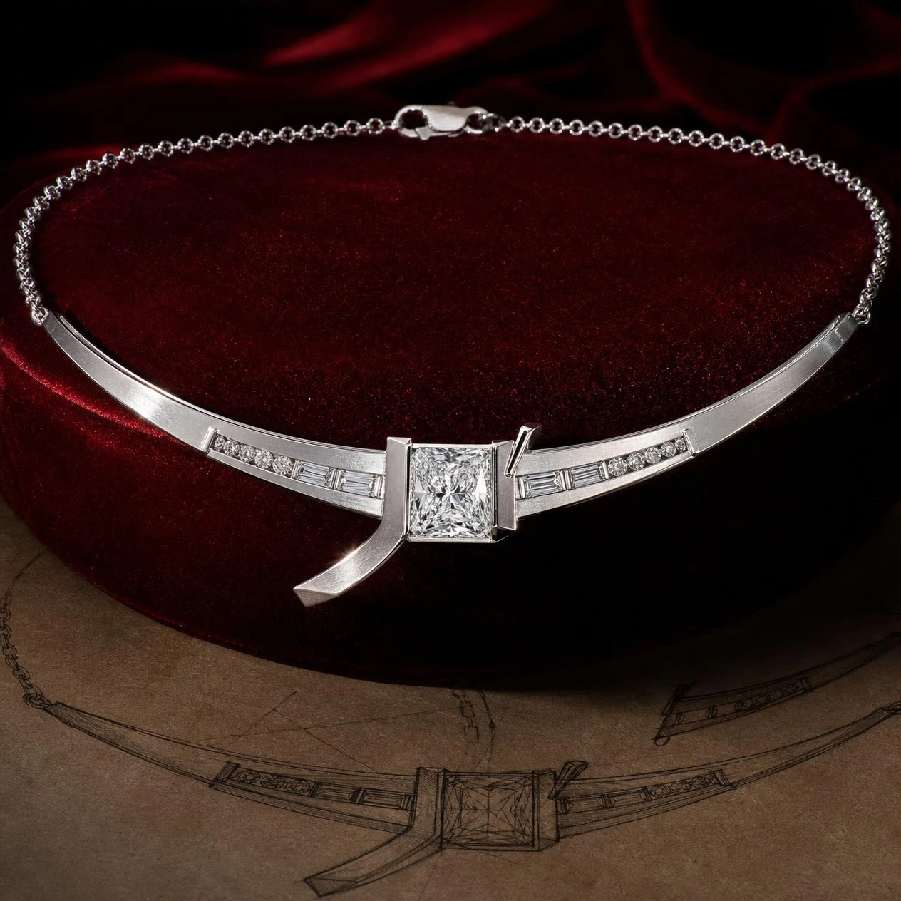 Galassia d'Aube, 2.32 ct tw radiant lab grown diamond necklace in 18K white gold (front view)