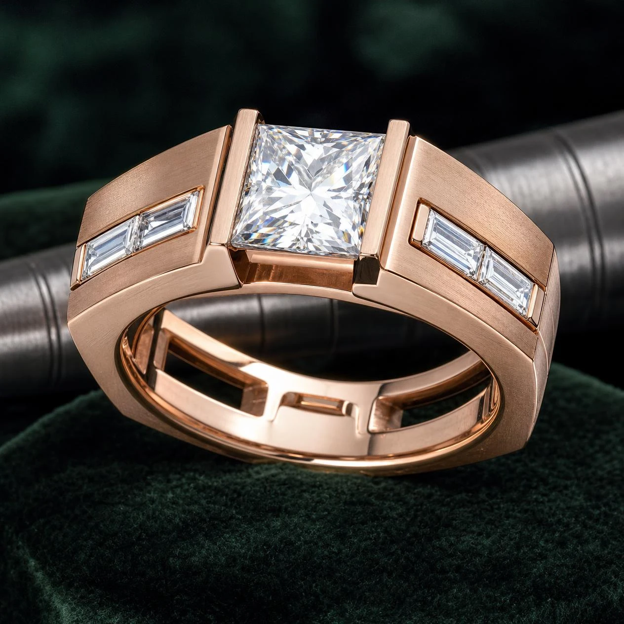 Tribuno di Roma, 2.44 ct tw princess lab grown diamond men’s ring in rose gold (front view)