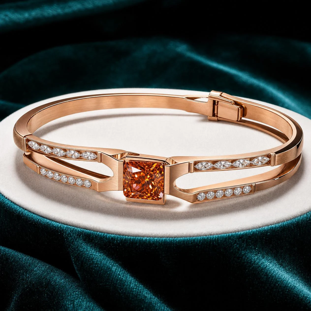 Clair d'Autunno, 3.41 ct tw cushion lab grown diamond bracelet in rose gold (front view)