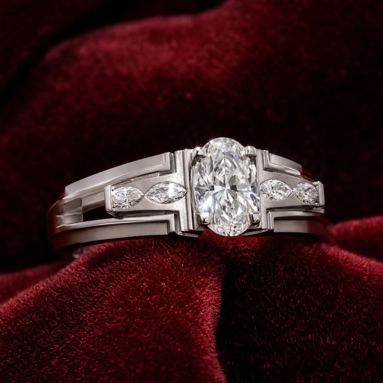 Signore di Venezia, 2.16 ct tw oval lab grown diamond men’s ring in 18K white gold (front view)