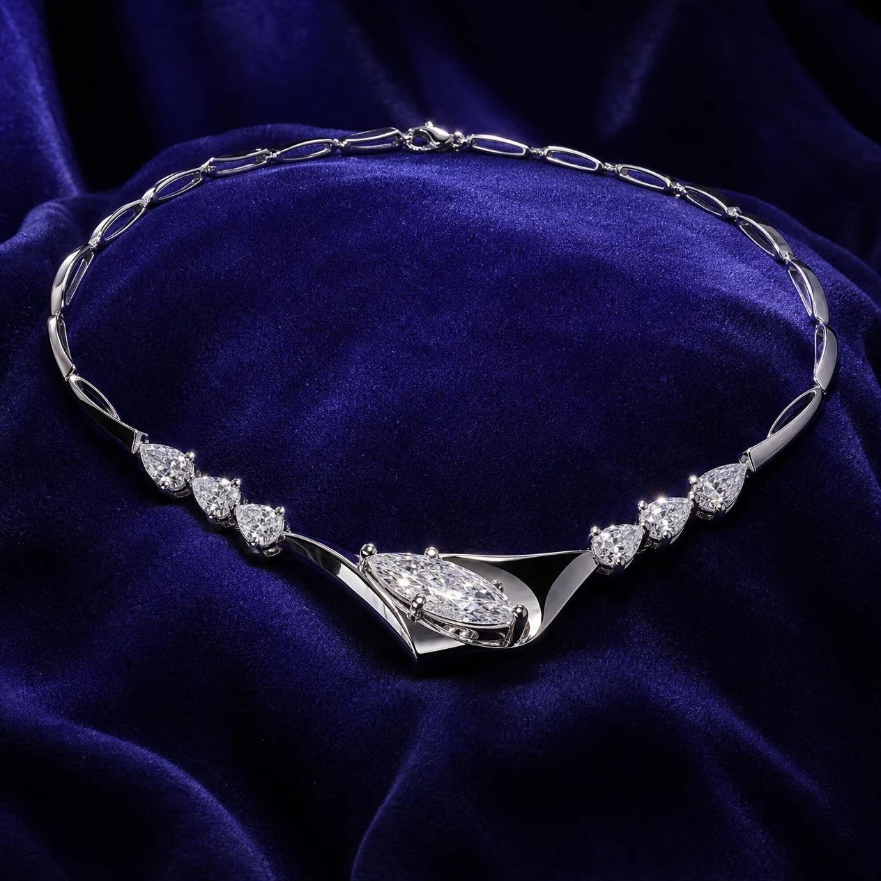 Rosa di Luna, 2.68 ct tw marquise lab grown diamond necklace in 18K white gold (front view)