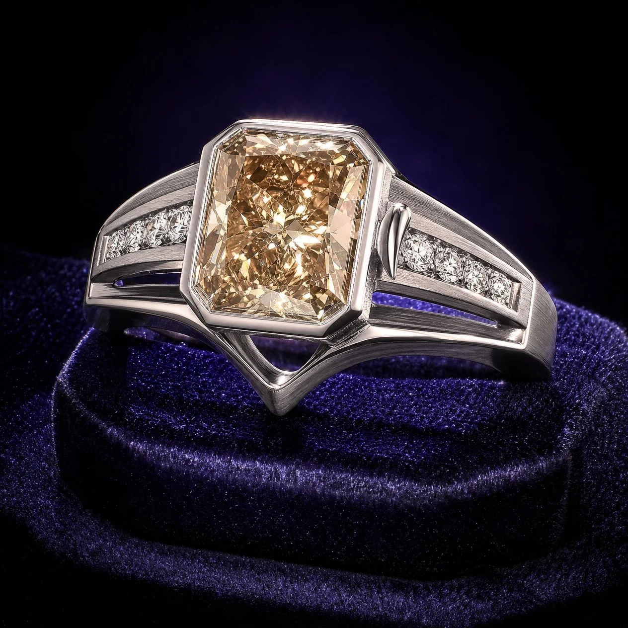 Sole de Minuit, 2.39 ct tw radiant lab grown diamond ring in 18K white gold (front view)