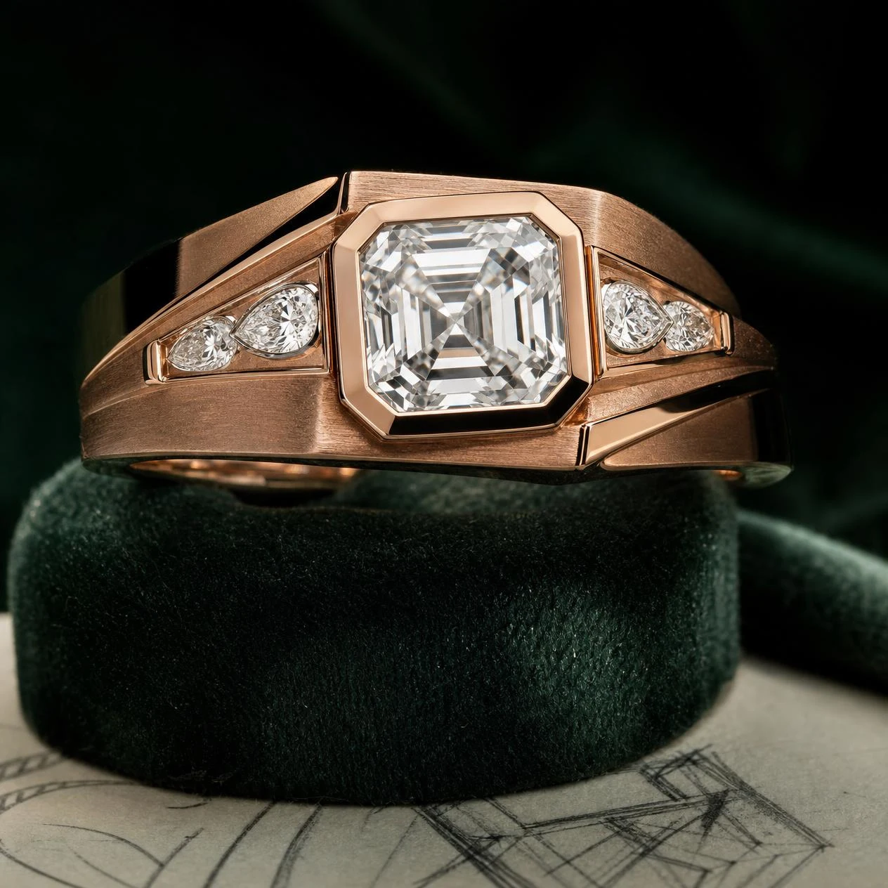 Marmo del Nord, 2.08 ct tw asscher lab grown diamond men’s ring in rose gold (front view)