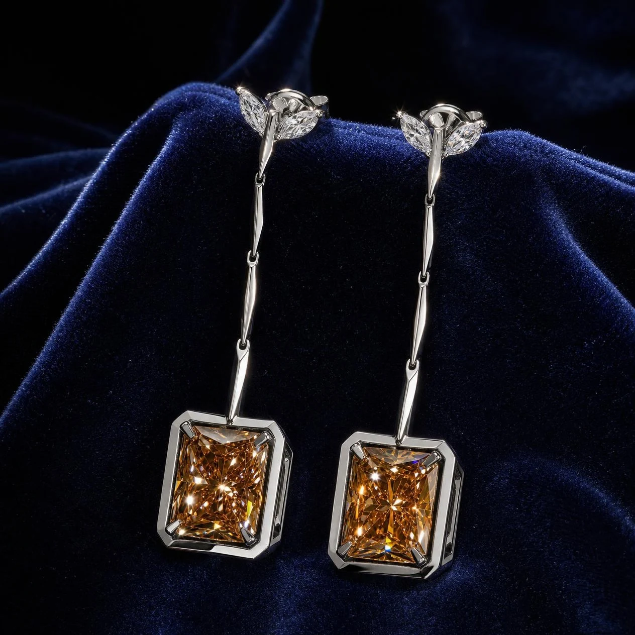Cielo de Minuit, 5.4 ct tw radiant lab grown diamond earrings in 18K white gold (front view)
