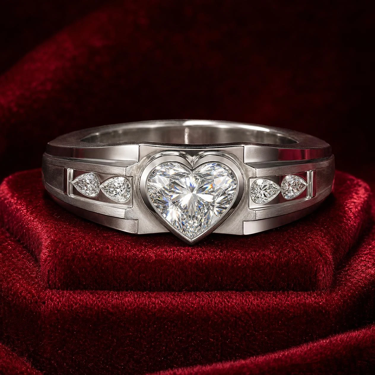Esploratore Eterno, 2.12 ct tw heart lab grown diamond men’s ring in 18K white gold (front view)
