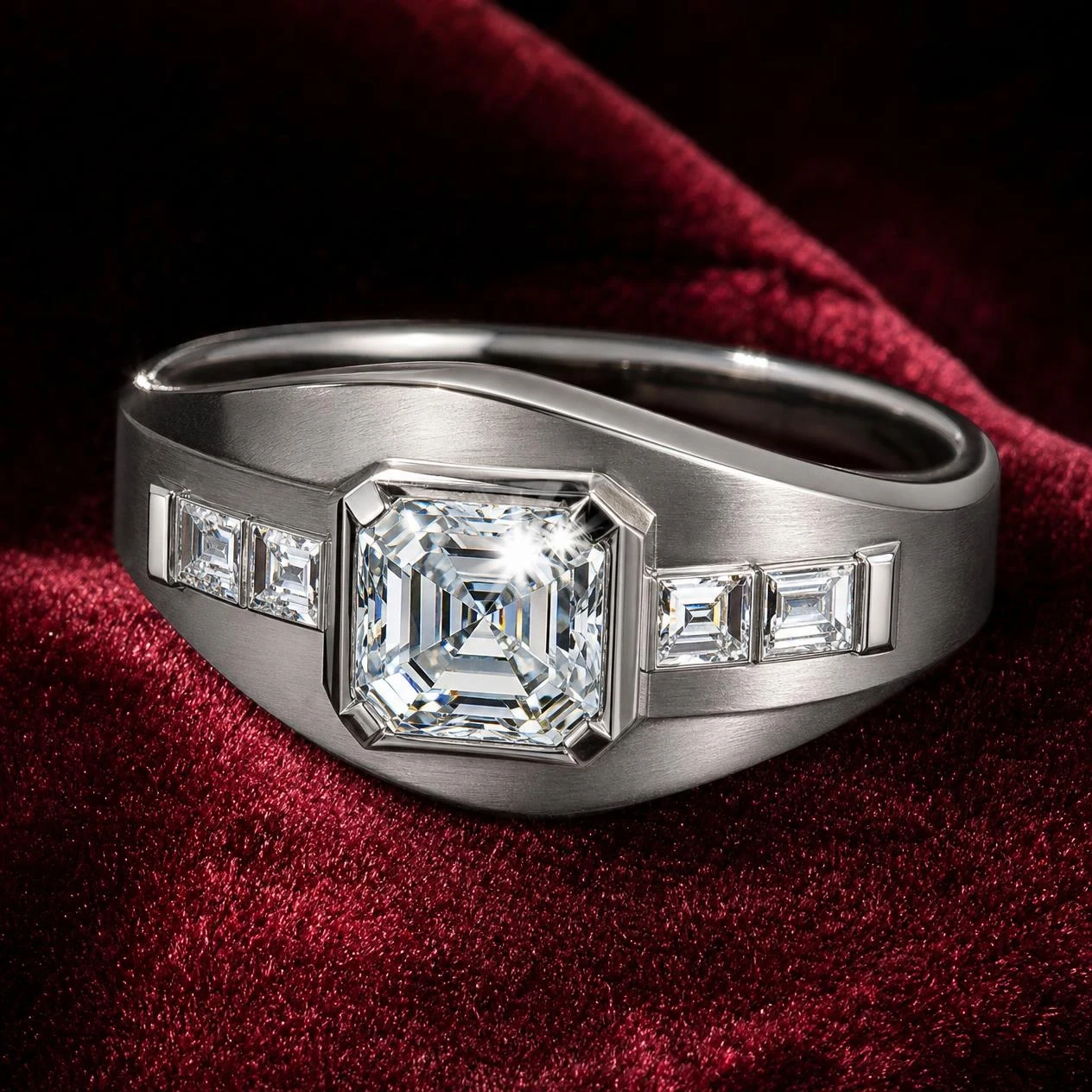 Console di Notte, 2.32 ct tw asscher lab grown diamond men’s ring in 18K white gold (front view)