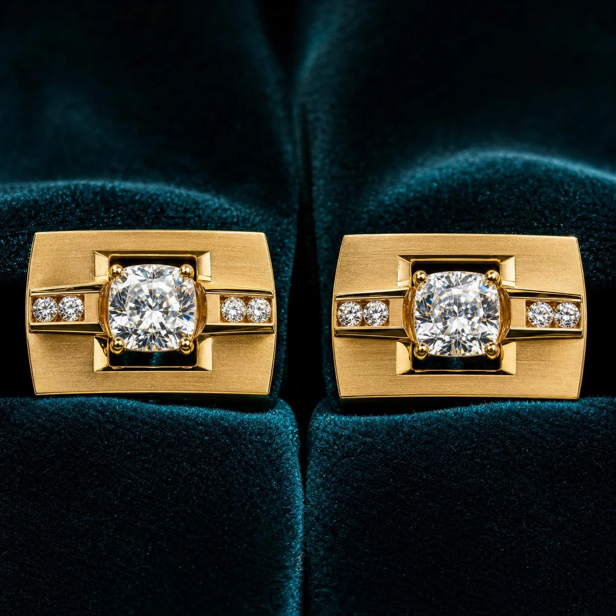 Ferro d'Occidente, 5.32 ct tw cushion lab grown diamond men’s earrings in 18K yellow gold (front view)