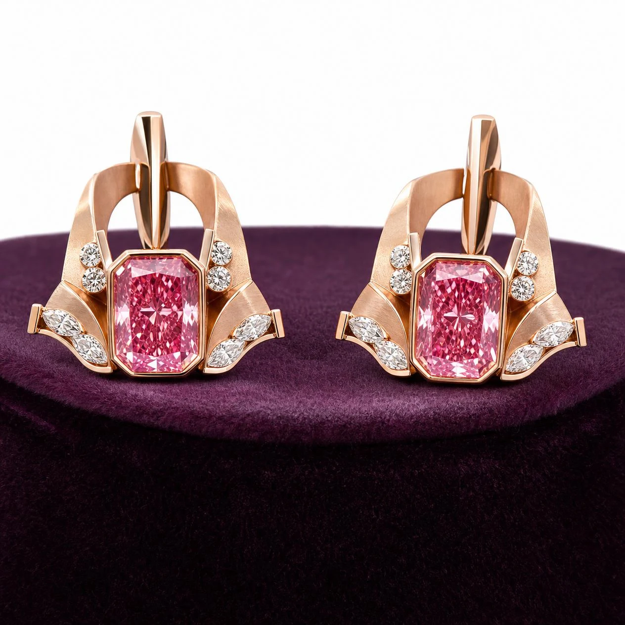 Vento di Perla, 4.76 ct tw radiant lab grown diamond earrings in rose gold (front view)