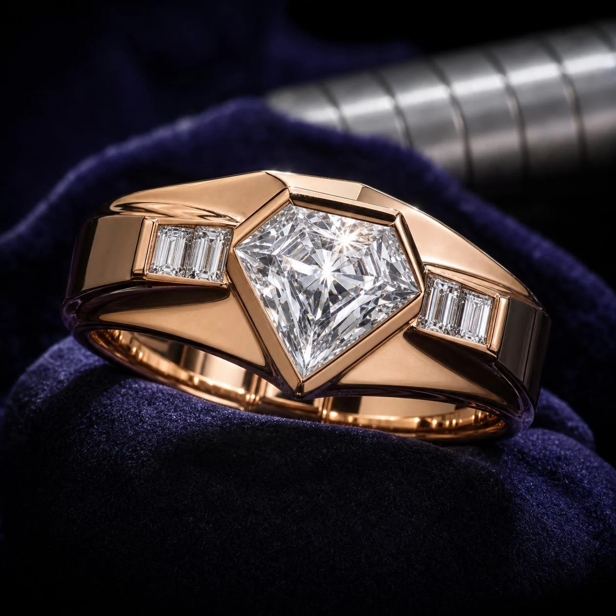 Molo Solenne, 3.09 ct tw kite lab grown diamond men’s ring in rose gold (front view)