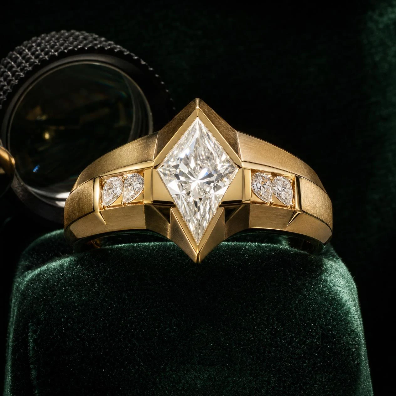 Elmo Severo, 1.52 ct tw kite lab grown diamond men’s ring in 18K yellow gold (front view)