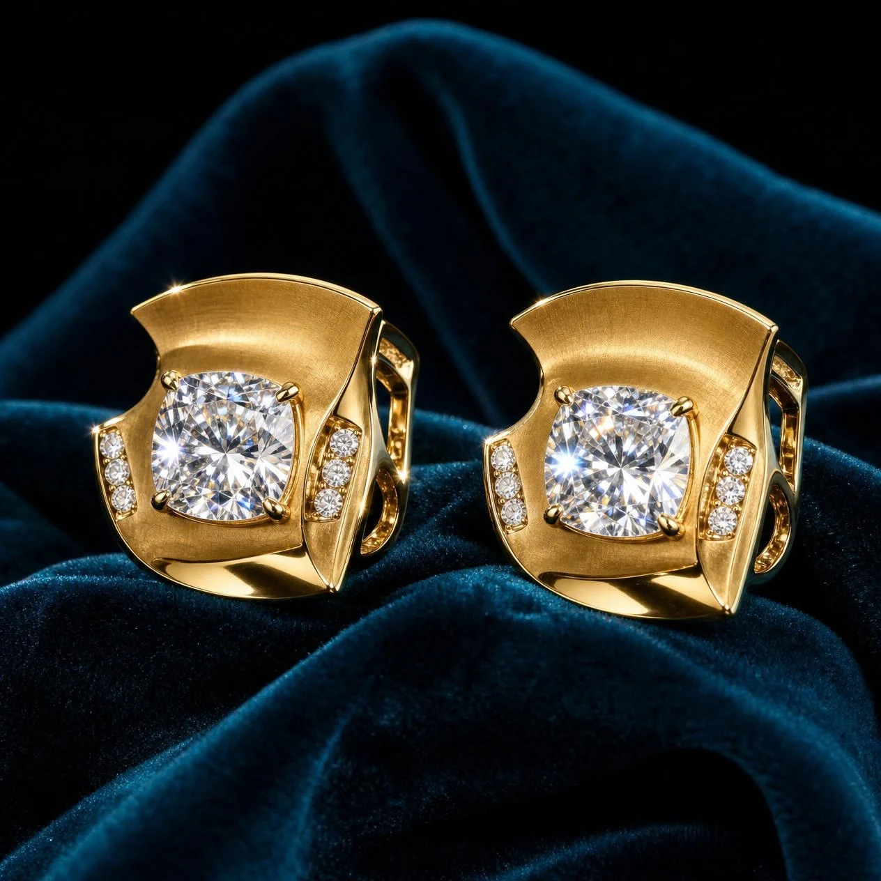 Vela Infinie, 4.4 ct tw cushion lab grown diamond earrings in 18K yellow gold (front view)