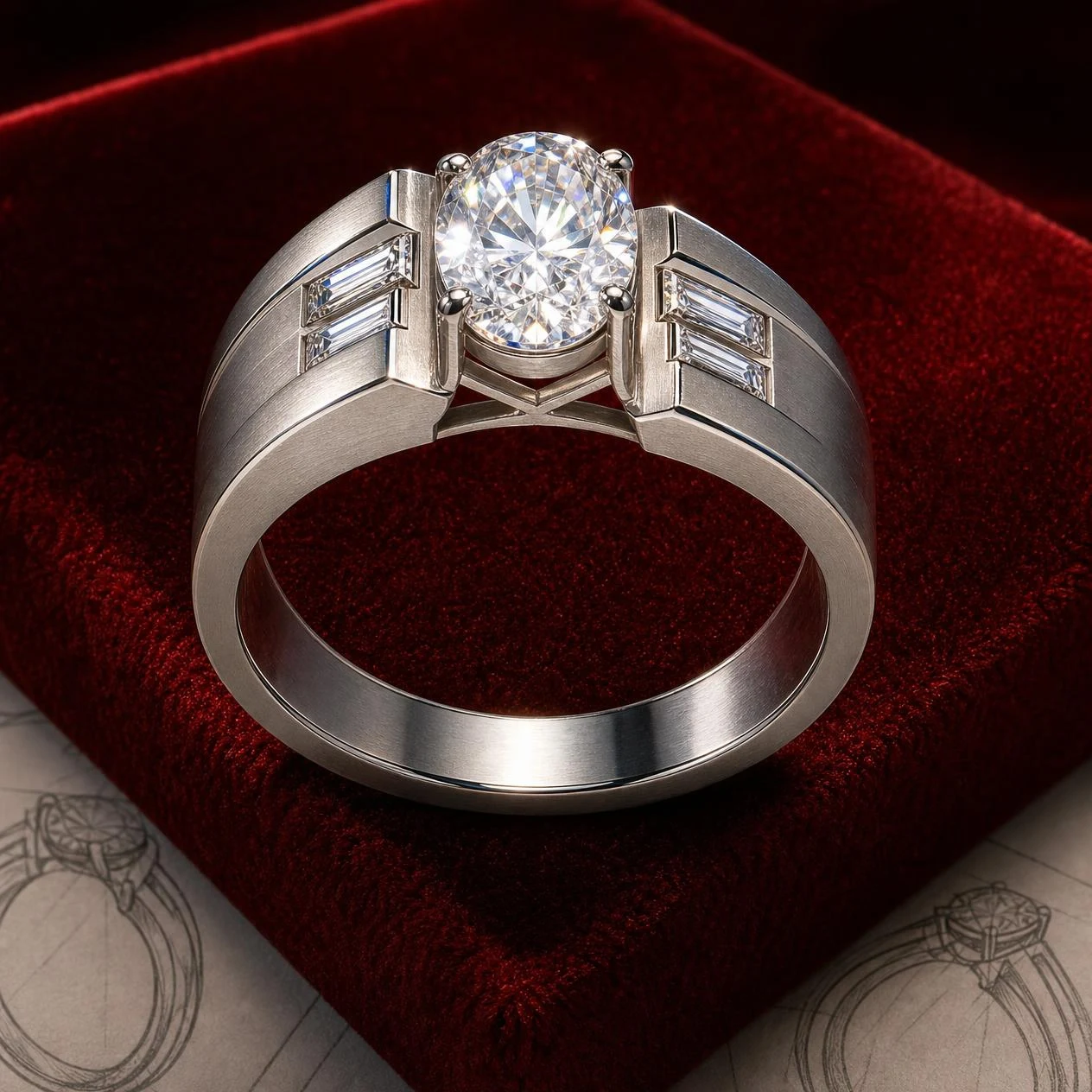 Molo di Bronzo, 2.62 ct tw oval lab grown diamond men’s ring in 18K white gold (front view)