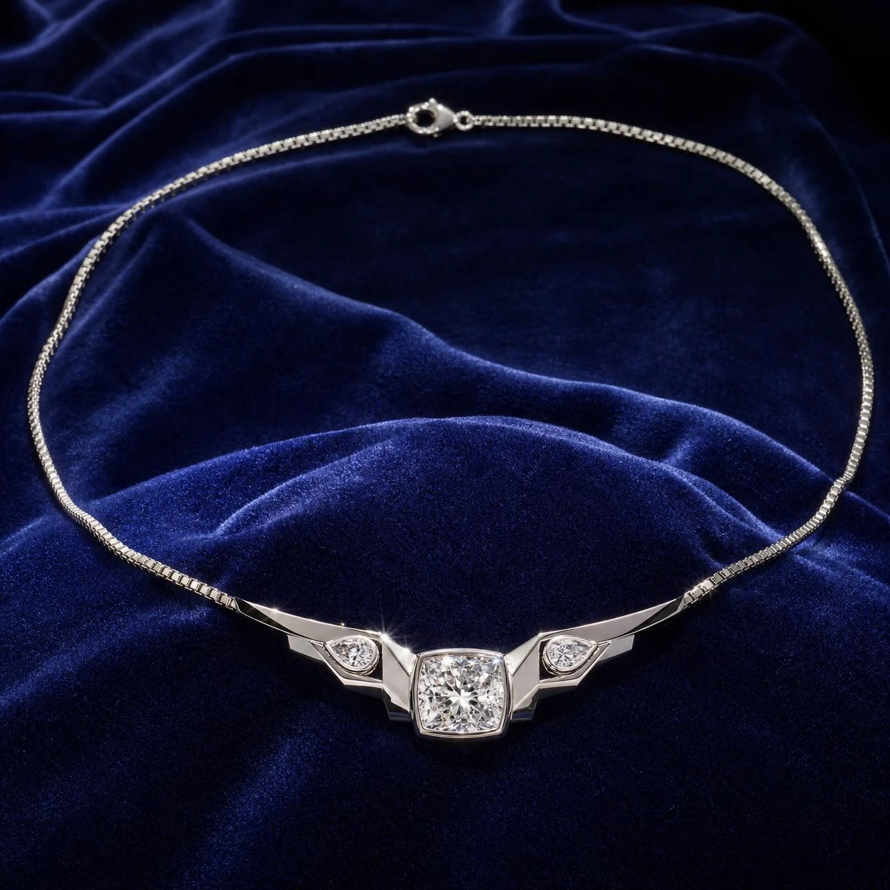 Sole Viva, 1.28 ct tw cushion lab grown diamond necklace in 18K white gold (front view)