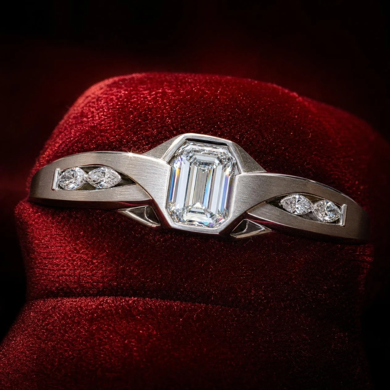 Mare di Luna, 2.35 ct tw emerald lab grown diamond ring in 18K white gold (front view)