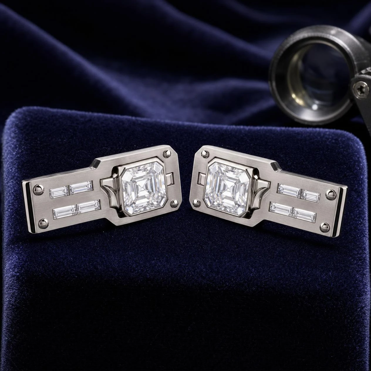 Leone di Bronzo, 5.4 ct tw asscher lab grown diamond men’s earrings in 18K white gold (front view)