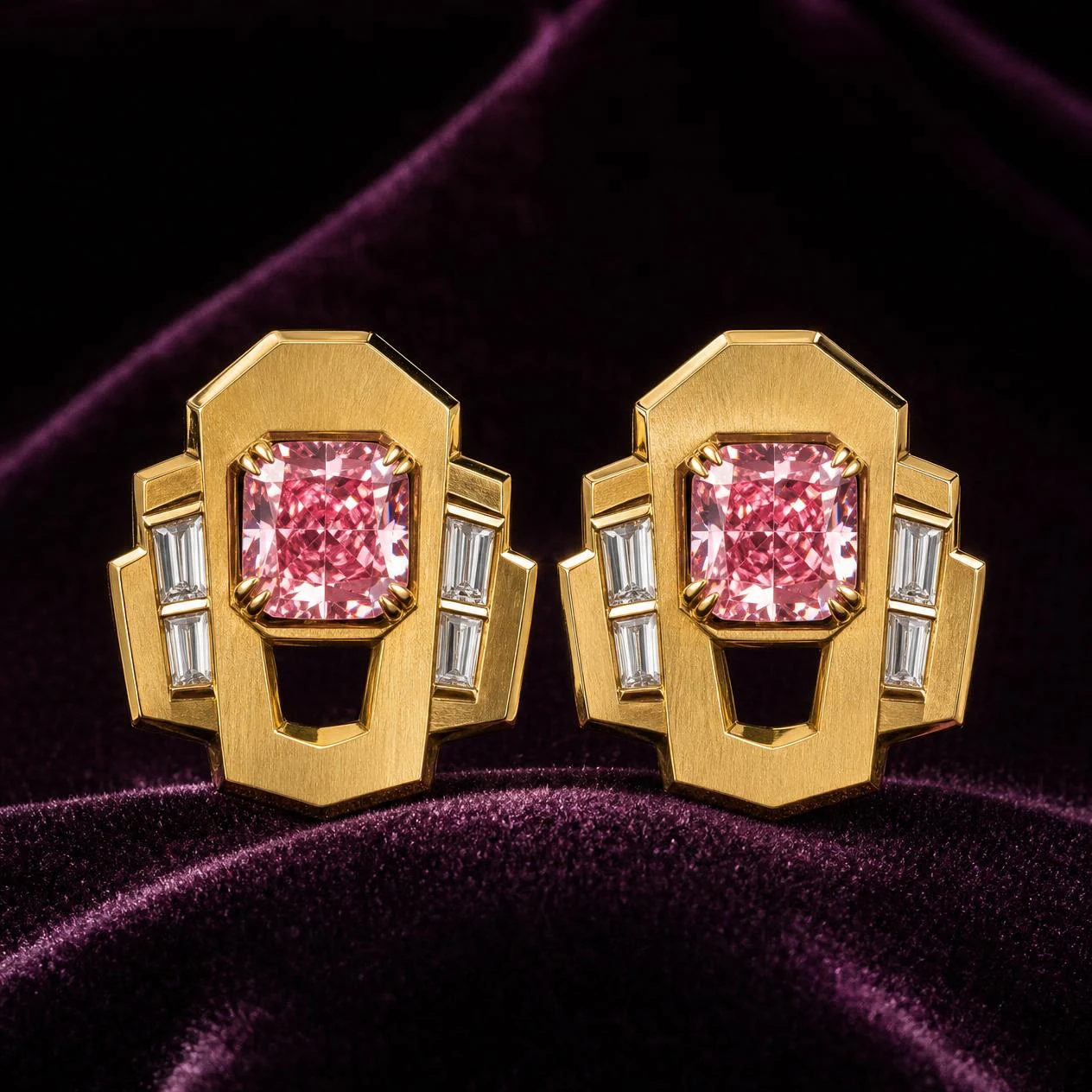 Forte d'Occidente, 4.72 ct tw cushion lab grown diamond men’s earrings in 18K yellow gold (front view)