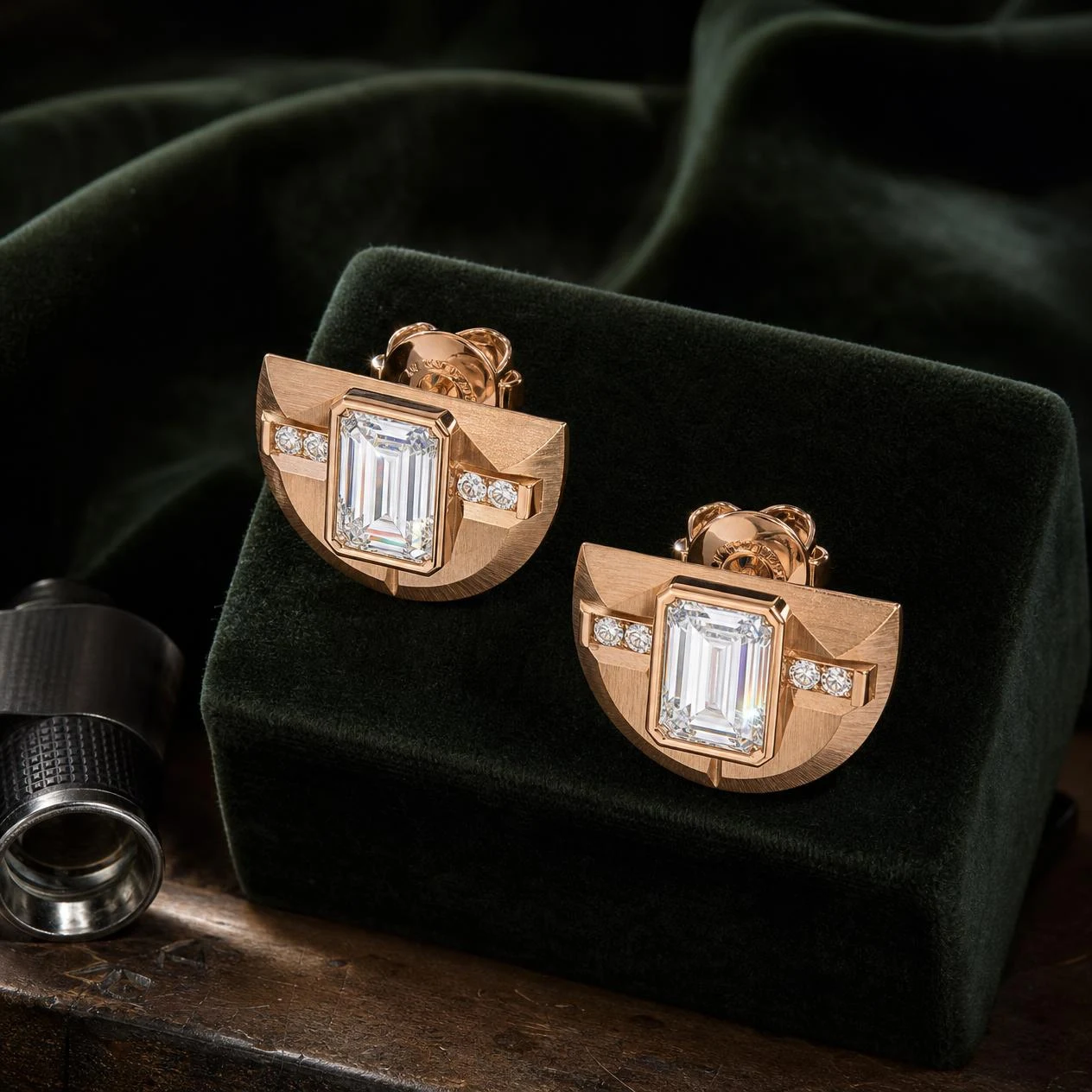 Fiamma Candida, 4.4 ct tw emerald lab grown diamond earrings in rose gold (front view)