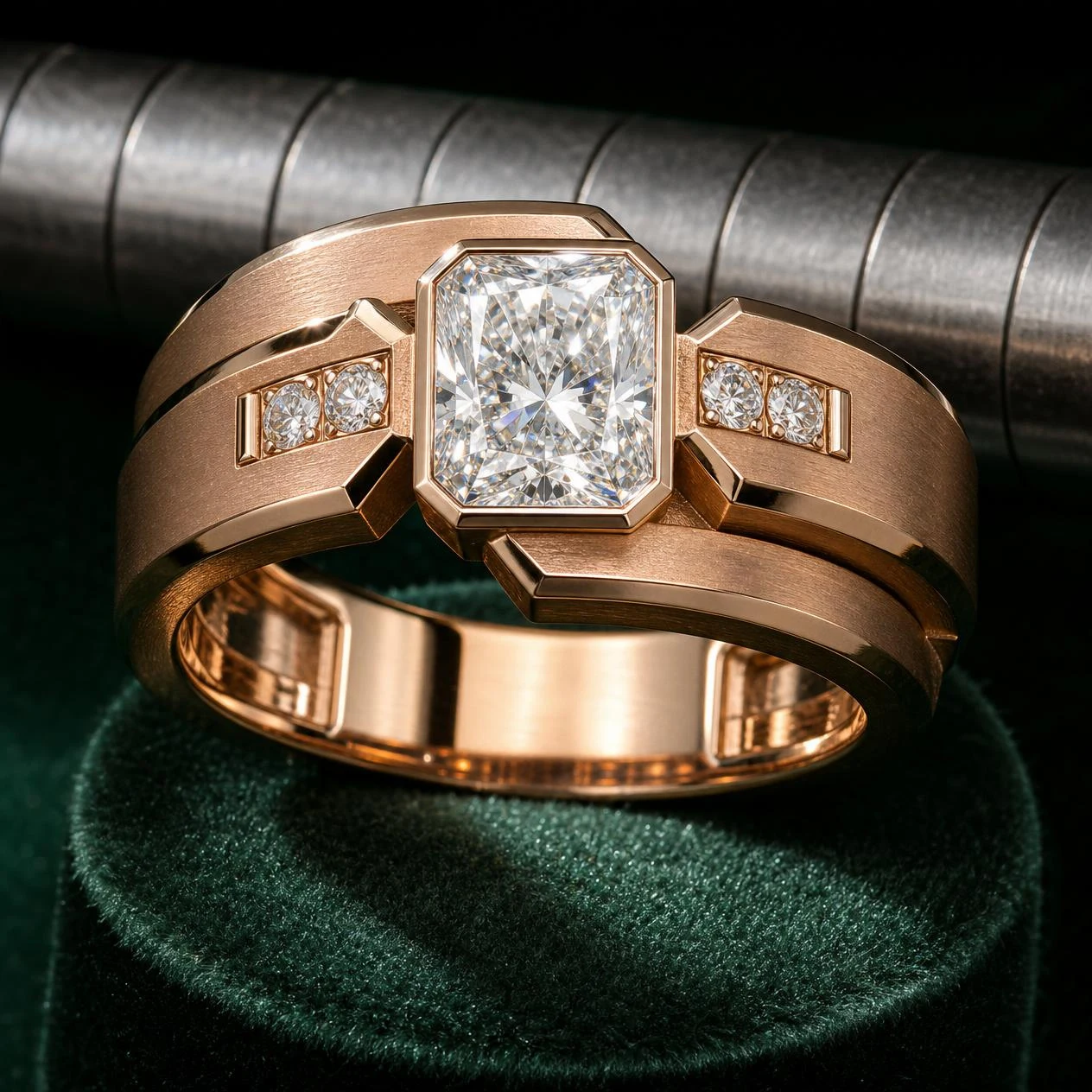 Gladiatore Nobile, 1.74 ct tw radiant lab grown diamond men’s ring in rose gold (front view)