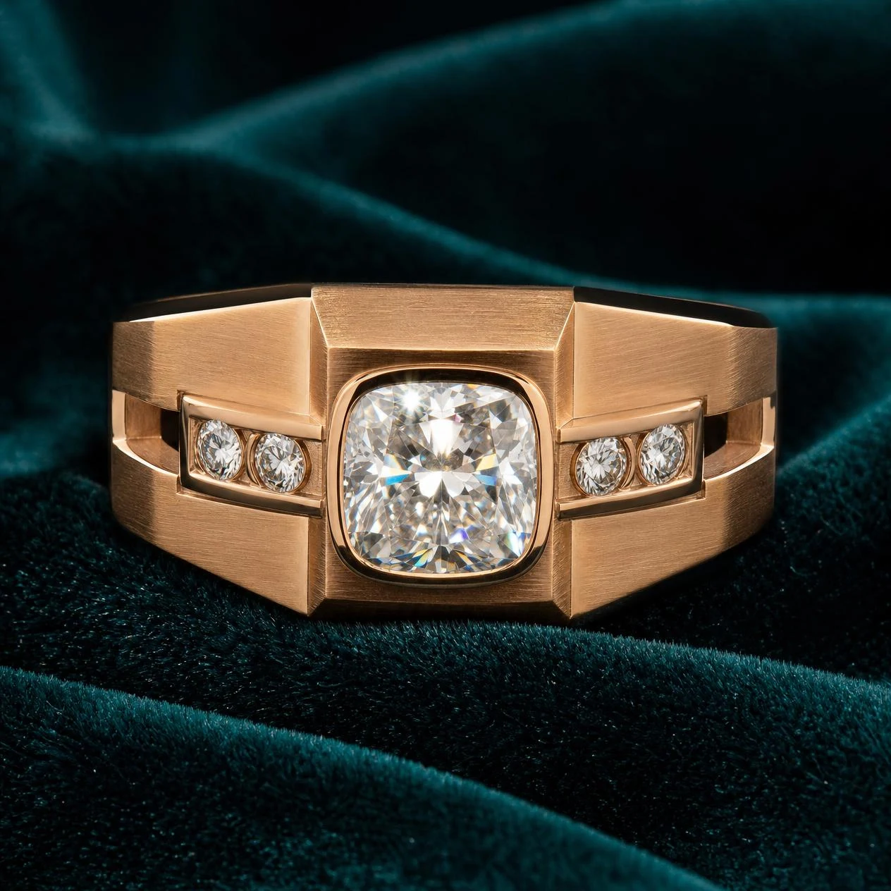 Vertice Reale, 1.82 ct tw cushion lab grown diamond men’s ring in rose gold (front view)