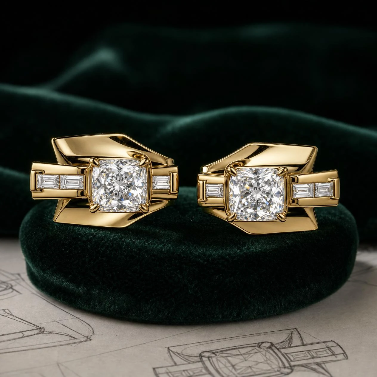 Faro Eterno, 3.4 ct tw cushion lab grown diamond men’s earrings in 18K yellow gold (front view)