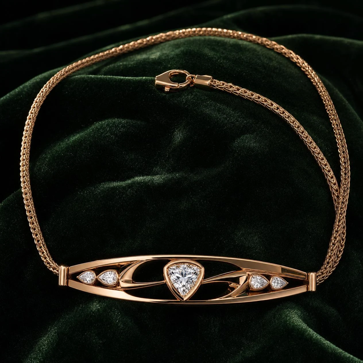 Pellegrino Vigile, 1.52 ct tw trillion lab grown diamond men’s necklace in rose gold (front view)