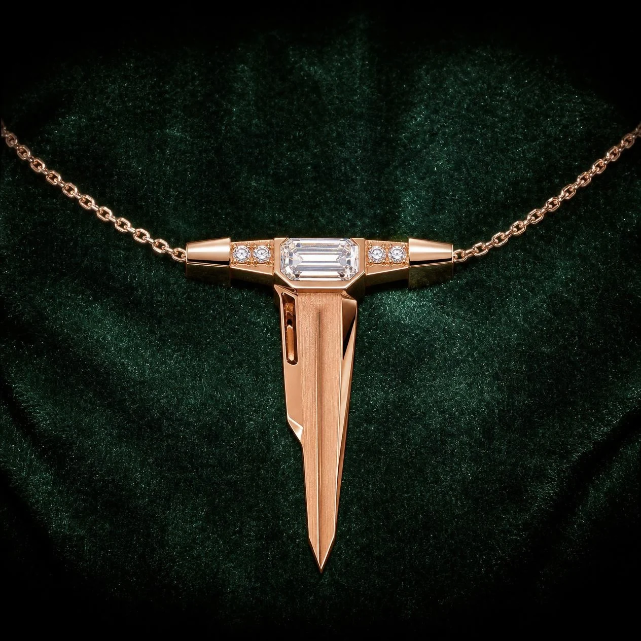 Baluardo di Notte, 1.7 ct tw emerald lab grown diamond men’s necklace in rose gold (front view)