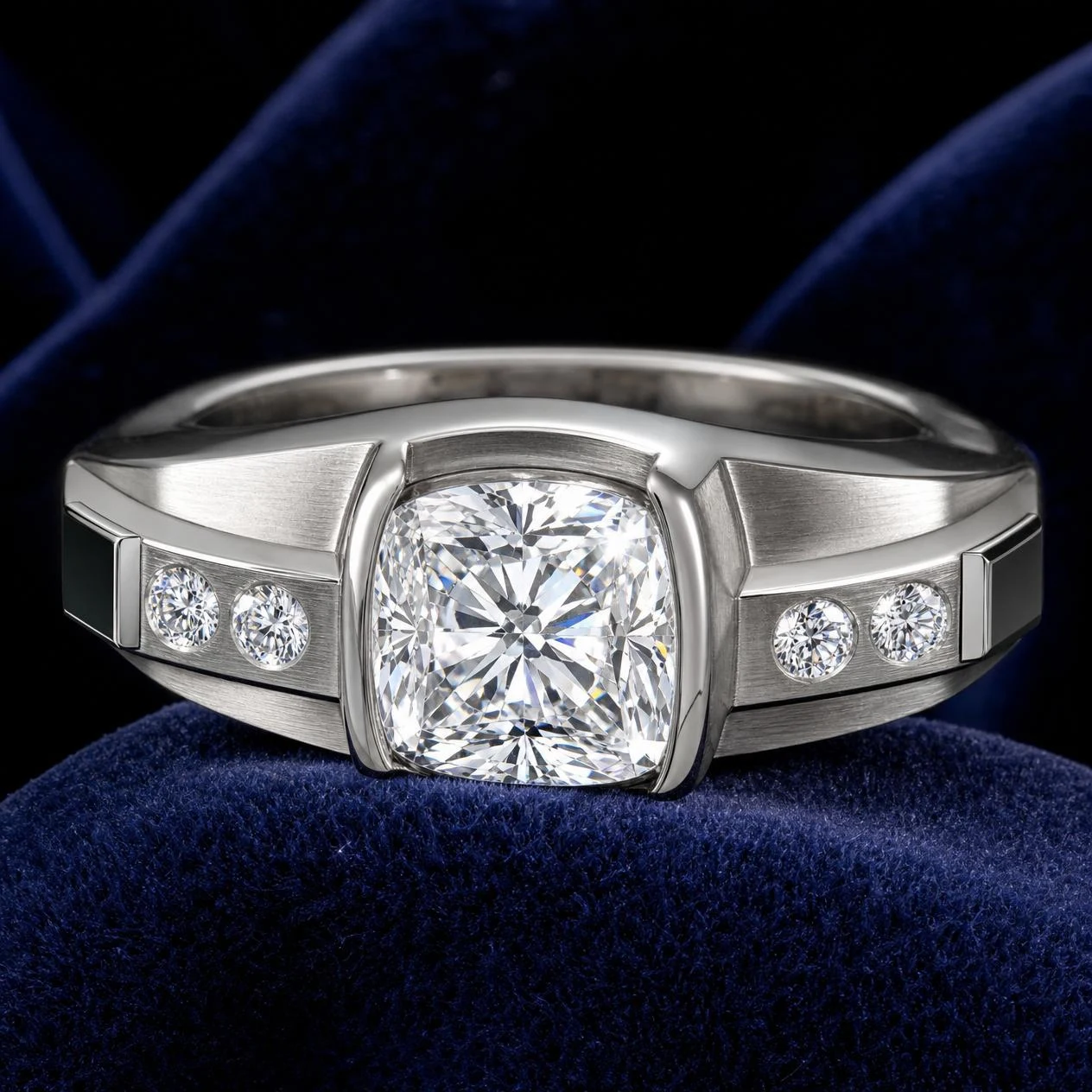 Cratere Silenzioso, 1.86 ct tw cushion lab grown diamond men’s ring in 18K white gold (front view)