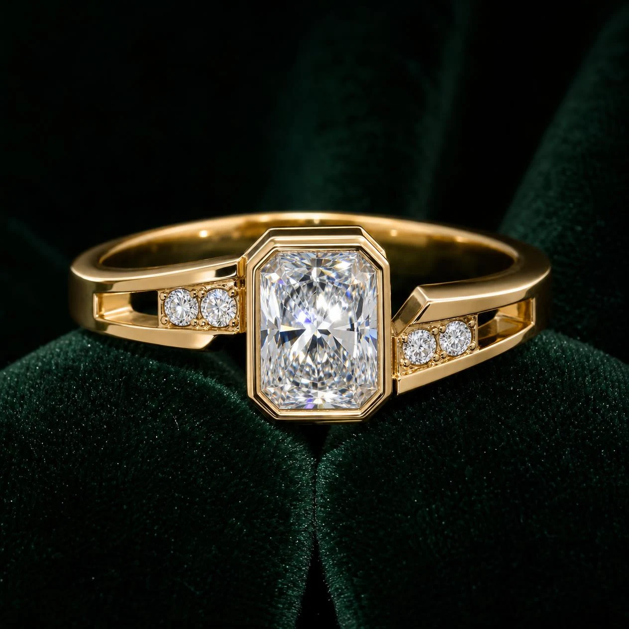 Rive Dorée, 1.52 ct tw radiant lab grown diamond ring in 18K yellow gold (front view)