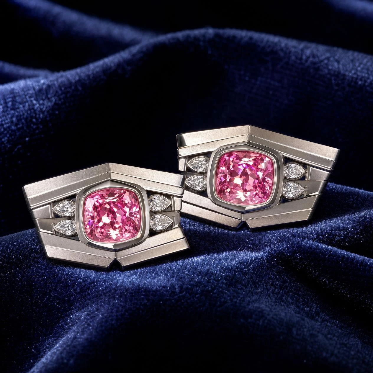 Imperatore di Granito, 2.82 ct tw cushion lab grown diamond men’s earrings in 18K white gold (front view)