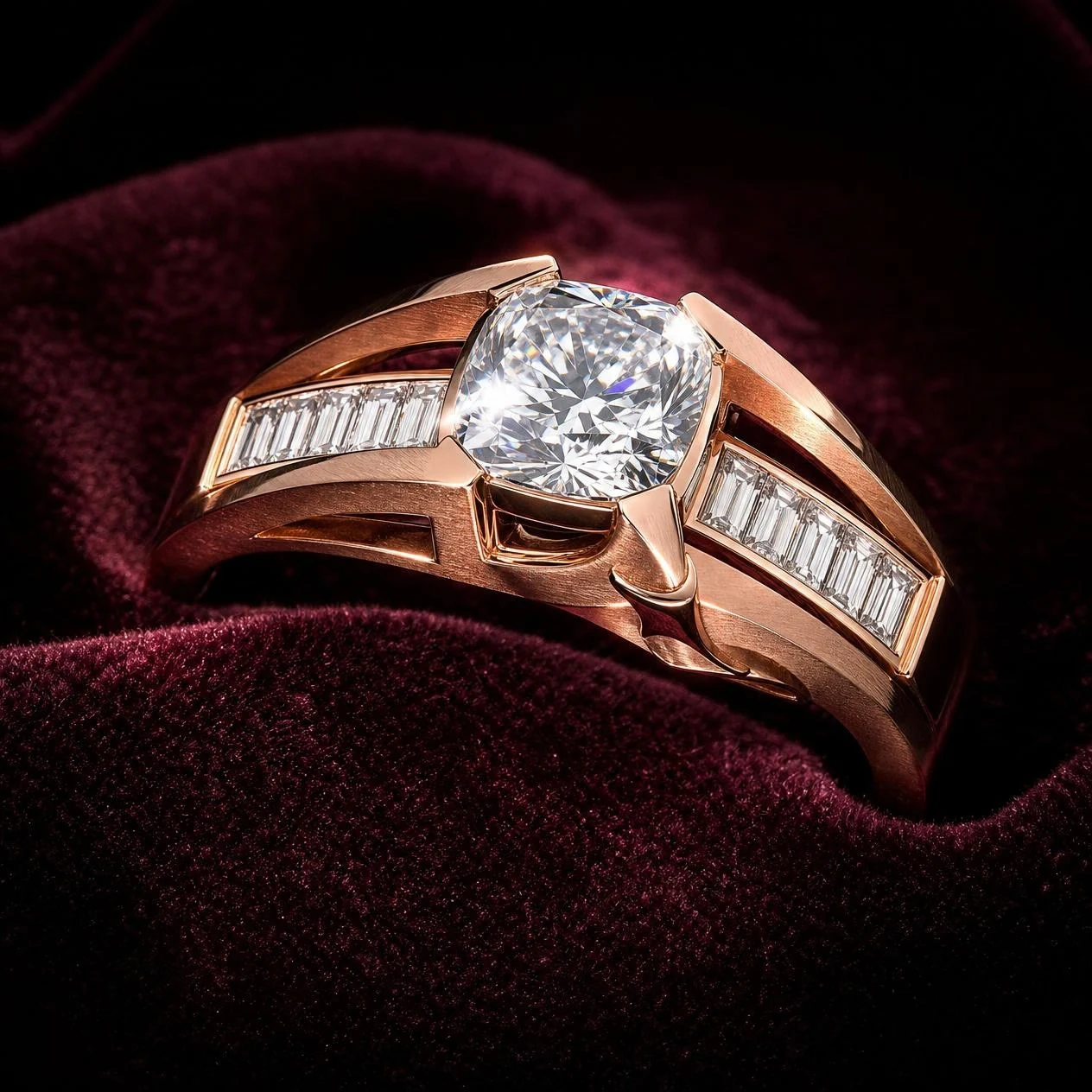 Ferro Supremo, 2.9 ct tw cushion lab grown diamond men’s ring in rose gold (front view)