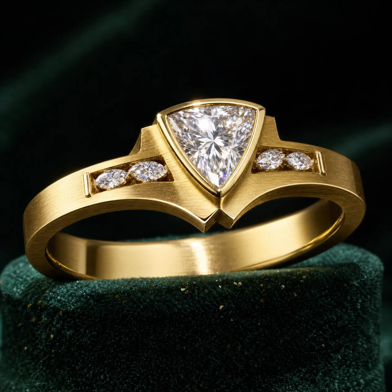 Onda Celata, 1.45 ct tw trillion lab grown diamond ring in 18K yellow gold (front view)