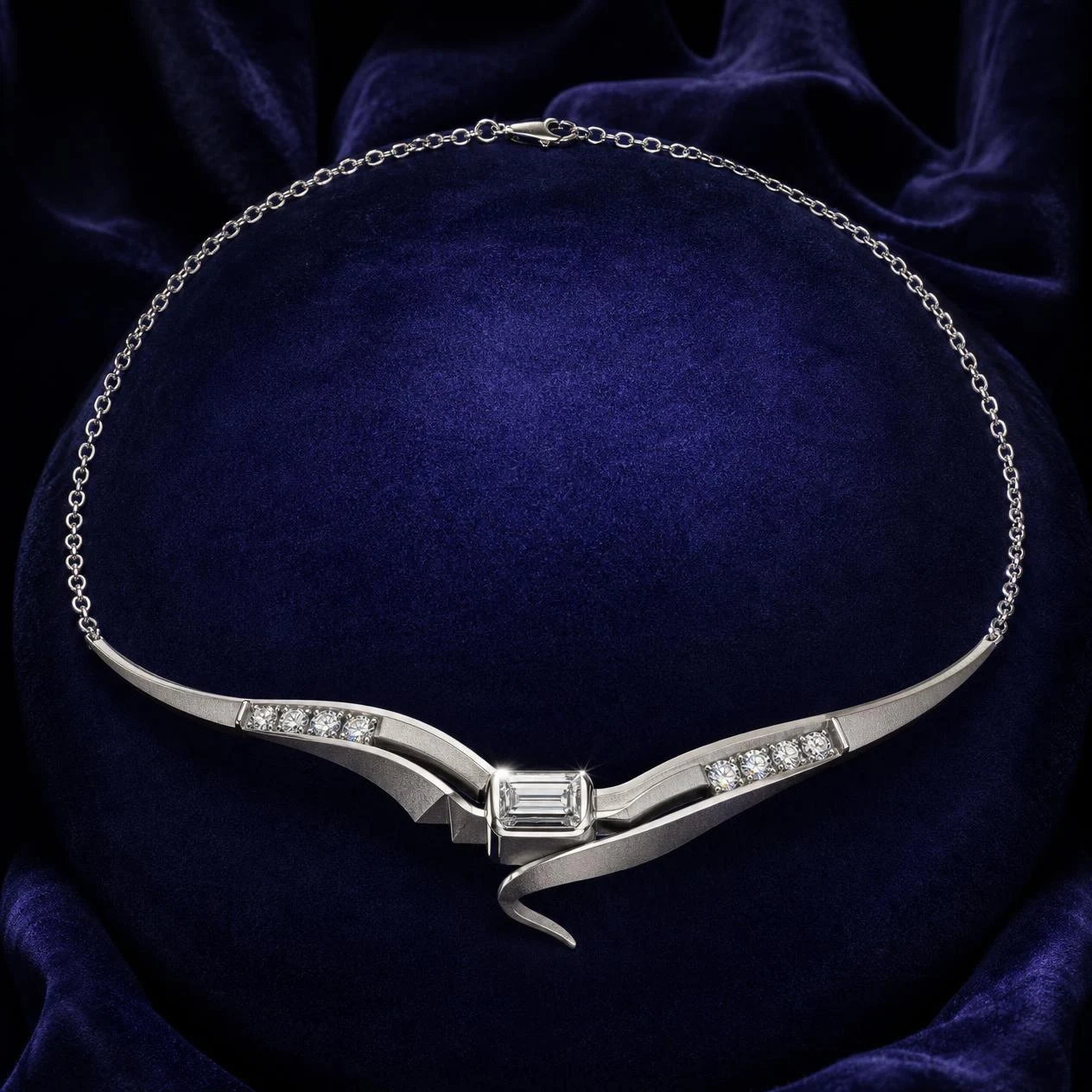 Soie Infinita, 2.4 ct tw baguette lab grown diamond necklace in 18K white gold (front view)