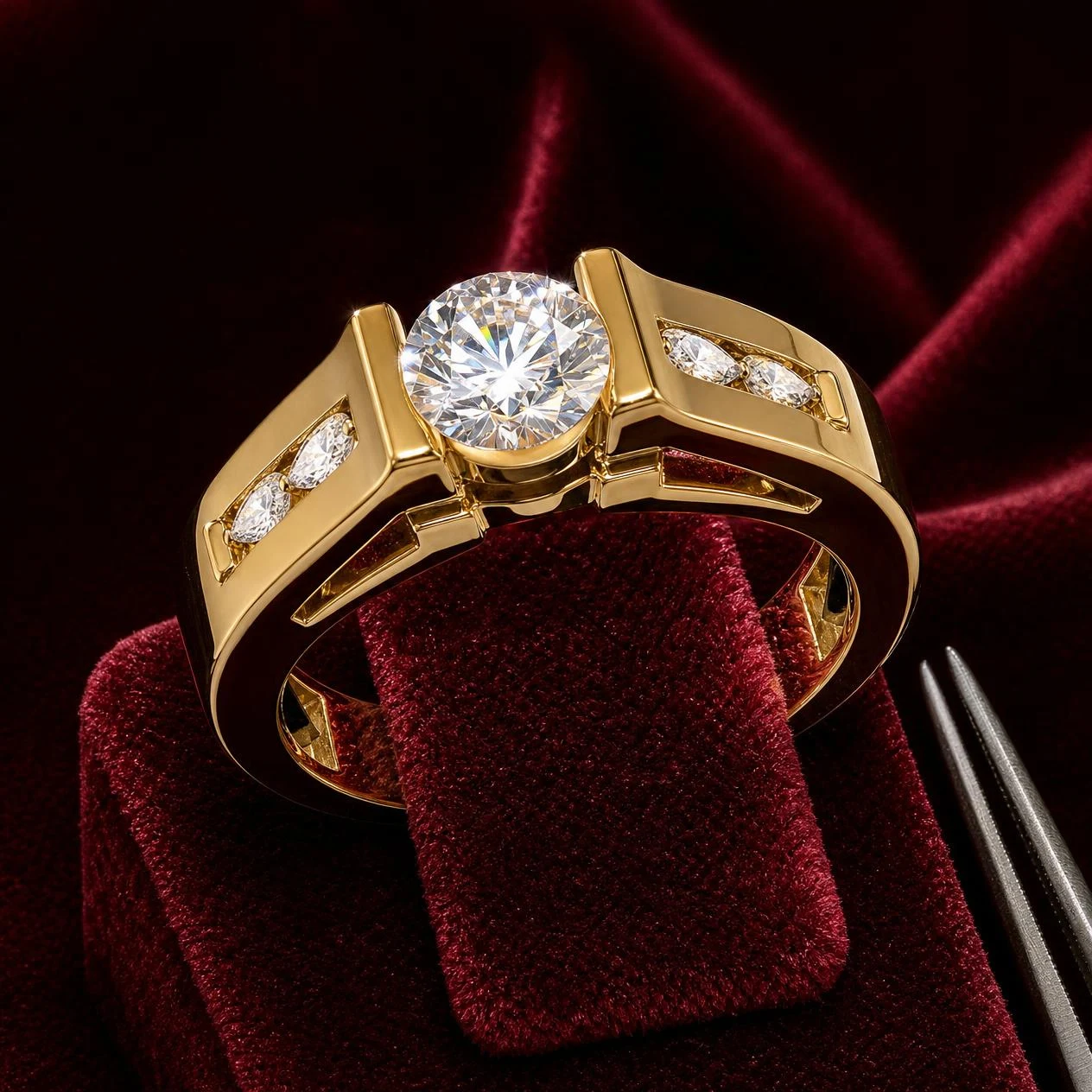 Conte Profondo, 2.89 ct tw round lab grown diamond men’s ring in 18K yellow gold (front view)