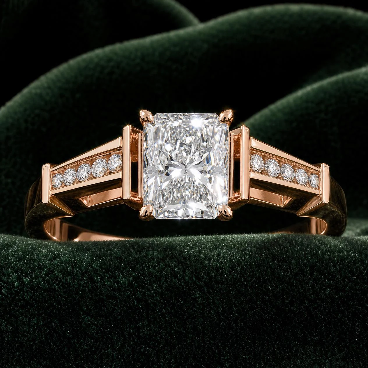 Cometa di Luna, 2.4 ct tw radiant lab grown diamond ring in rose gold (front view)