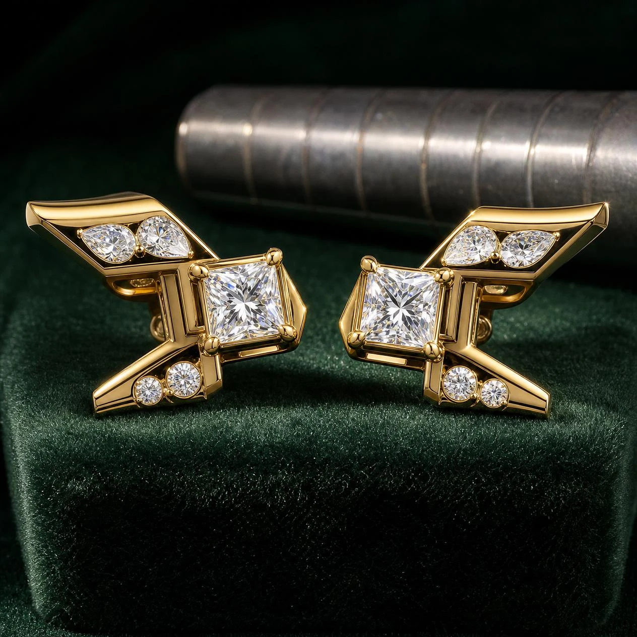 Ondine Eletta, 3.64 ct tw princess lab grown diamond earrings in 18K yellow gold (front view)