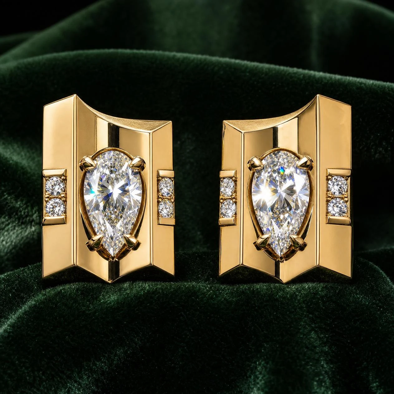 Cavaliere d'Oriente, 4.28 ct tw pear lab grown diamond men’s earrings in 18K yellow gold (front view)