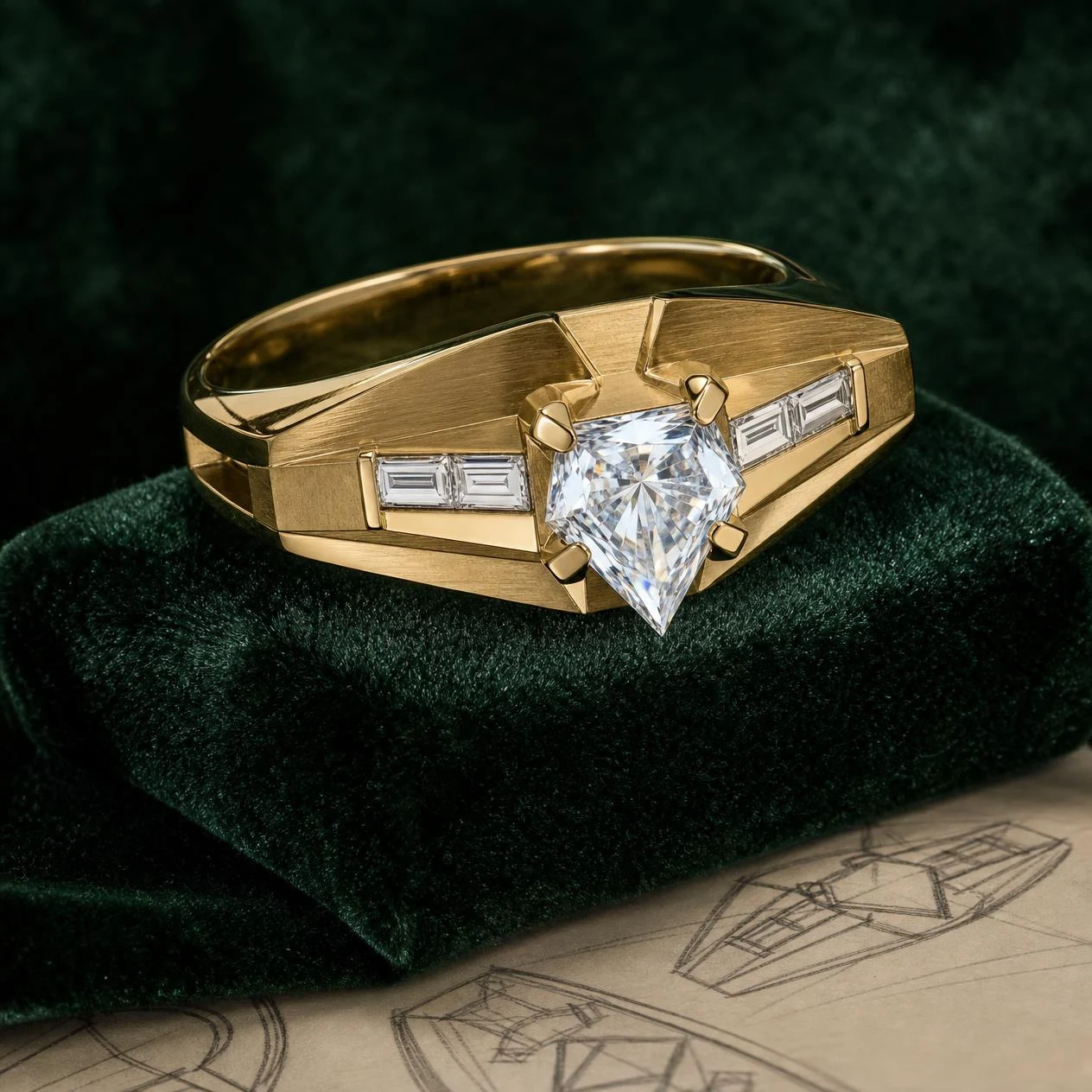 Tribuno Indomito, 2.74 ct tw kite lab grown diamond men’s ring in 18K yellow gold (front view)