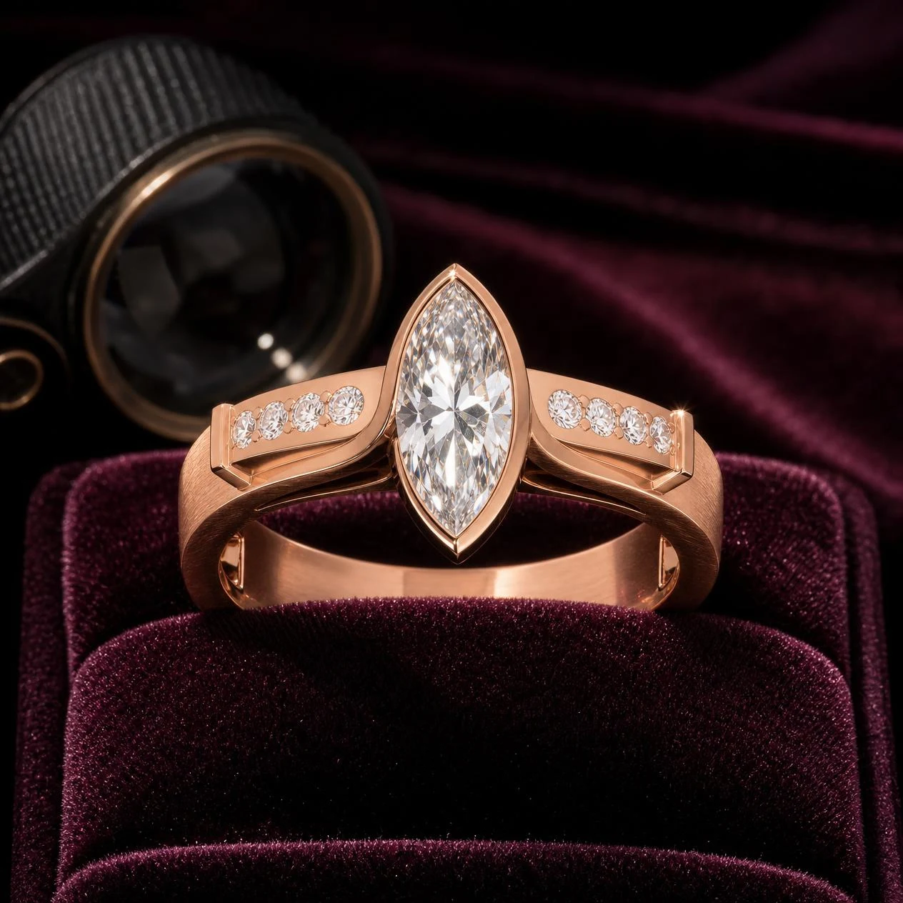 Rosa di Perla, 2.89 ct tw marquise lab grown diamond ring in rose gold (front view)