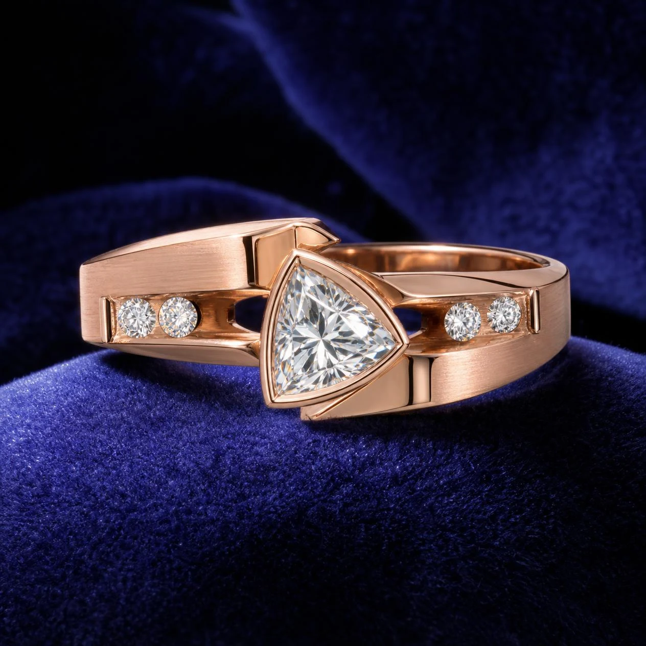 Senatore Reale, 2.44 ct tw trillion lab grown diamond men’s ring in rose gold (front view)