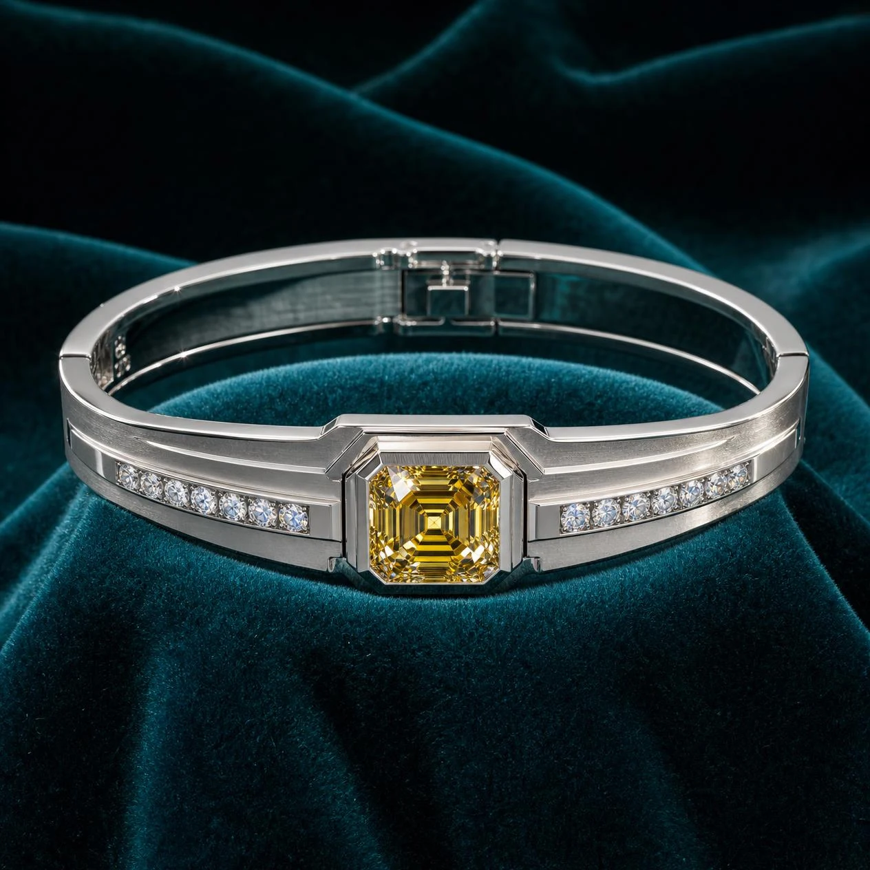 Guardiano di Venezia, 2.75 ct tw asscher lab grown diamond men’s bracelet in 18K white gold (front view)