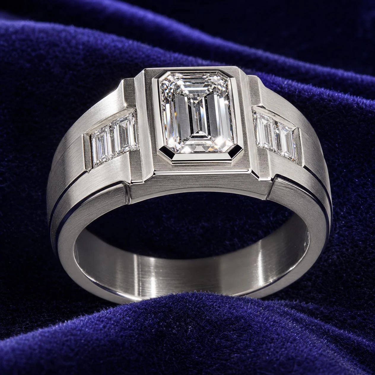 Esploratore Vigile, 2.66 ct tw emerald lab grown diamond men’s ring in 18K white gold (front view)