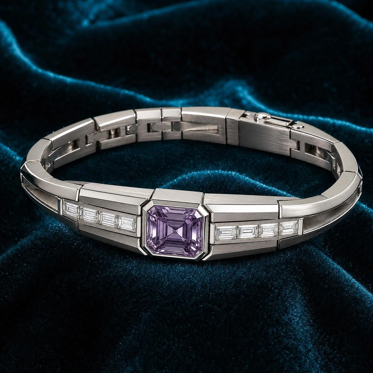 Falco di Mezzanotte, 2.4 ct tw asscher lab grown diamond men’s bracelet in 18K white gold (front view)